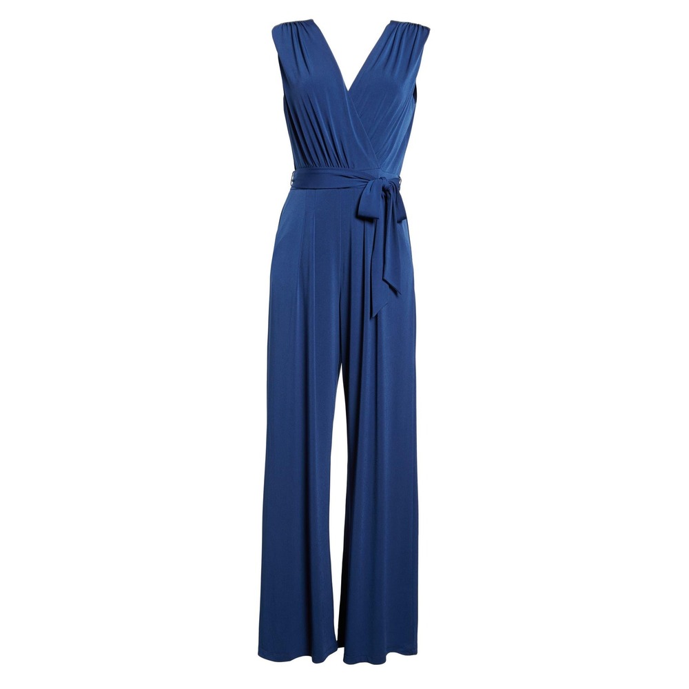 Vince Camuto Navy Blue V-Neck Wide Leg Belted Jumpsuit Womens Medium
